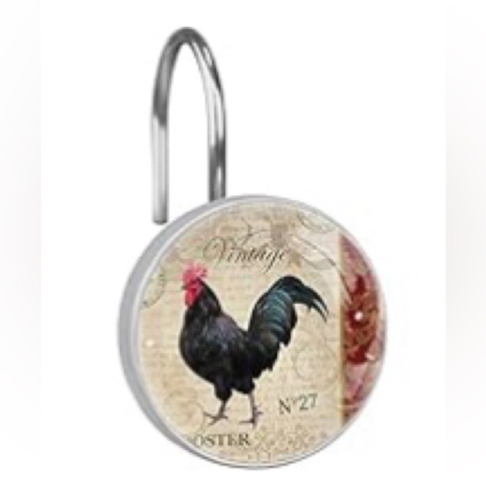 Vintage Postcard Rooster Shower Curtain Hooks Set of 12